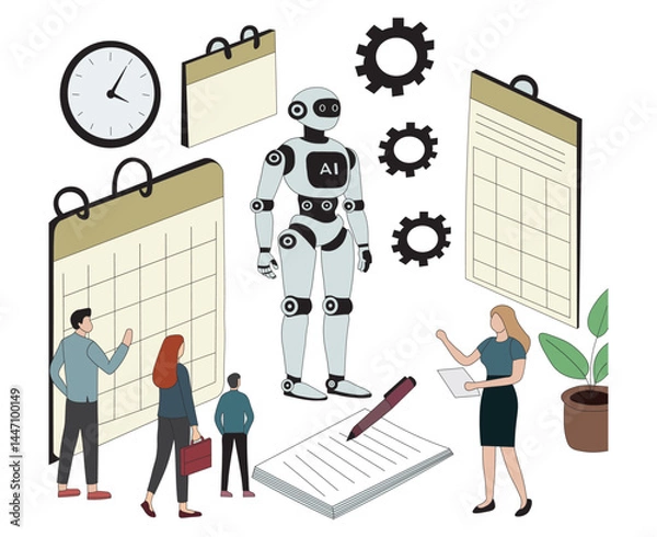 Fototapeta Artificial Intelligence Productivity Illustration Vector Office Scene with Robot, Calendar, Clock, and Team Planning.