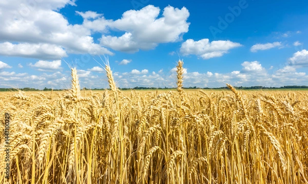 Fototapeta Golden wheat field under a bright blue sky with fluffy white clouds on a sunny day