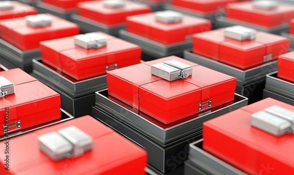 Fototapeta Symmetrical, red gift boxes, with silver bows, arranged evenly. Shiny surfaces and blurred edges add depth