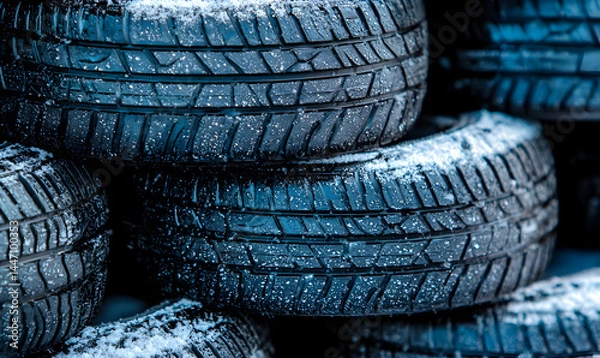 Fototapeta Stacked car tires, covered in snow, close-up texture. Cold weather gear for vehicles
