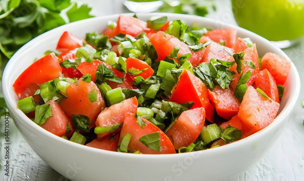 Fototapeta Diced tomatoes mixed with green onions and herbs in a bowl on a textured surface