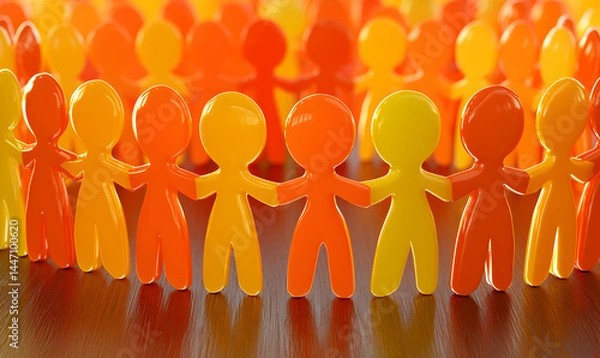 Fototapeta Orange figures linked in unity on wooden surface. Teamwork and collaboration