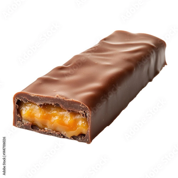 Obraz Delicious chocolate bar filled with smooth caramel isolated on a white background, Chocolate bar with caramel filling isolated on white background