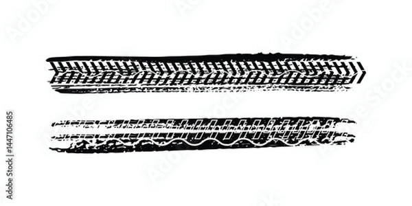 Obraz Collection of black motorcycle tire tread prints with grunge effect isolated on white background. Bicycle or car wheel tracks with seamless texture. Vector brush