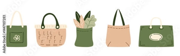 Obraz Paper shopping bags filled with grocery products from a supermarket or farmer market, zero-waste textile packaging, vegetables, and greens for eco-friendly design. Vector illustration in organic flat