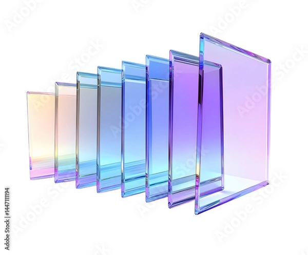 Fototapeta 3d abstract glass square shapes in row. Iridescent crystal transparent plates, flying rainbow panels with holographic gradient, dispersion light for ui design, digital tech background