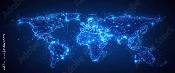 Fototapeta Global Network: A Luminous World Map in Blue