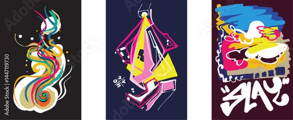 Fototapeta Set of graffiti poster. Street art with splashes of paint  inscriptions and space for text. Design elements for covers and wall decorations.
