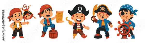 Fototapeta A cheerful cartoon illustration featuring a set of pirate boys in their classic buccaneer costumes, perfect for nautical adventures and playful party themes.
