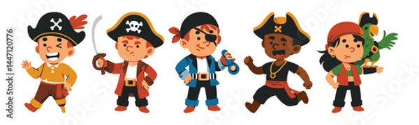 Fototapeta A playful cartoon illustration of diverse pirate characters. Perfect for children's books, adventure themes, or seafaring designs.