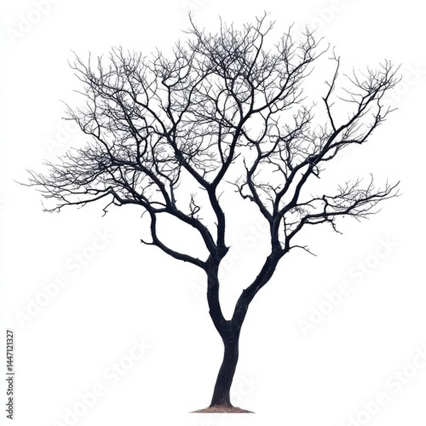 Fototapeta Gnarled Bare Tree Silhouette with Twisted Branches Against White Background