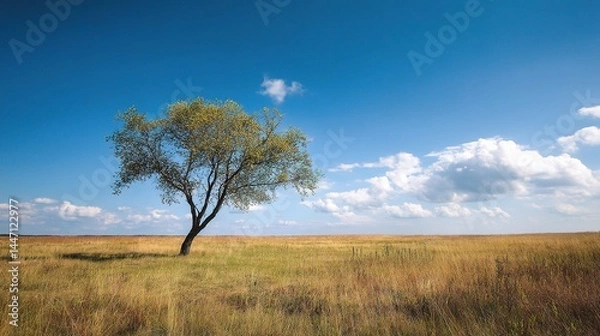 Fototapeta Isolated Tree in Open Meadow Under Expansive Blue Sky