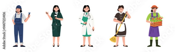 Fototapeta A diverse group of women representing various professions. They include an engineer, a reporter, a doctor, a cleaner, and a farmer, showcasing female empowerment.