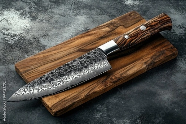 Obraz Damascus Chef Knife: Elegant Wood Handle, Textured Blade