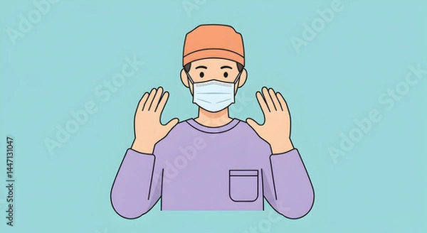 Fototapeta Cartoon illustration of a man wearing mask demonstrating hand gestures for hygiene