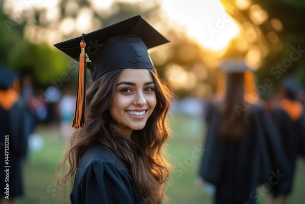 Fototapeta Smiling graduate in cap and gown, outdoors at graduation ceremony.  Blurred figures of fellow graduates in background