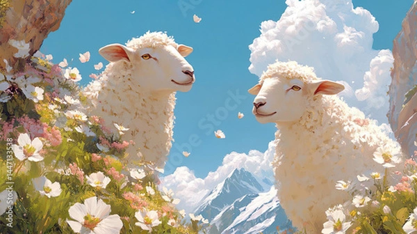 Fototapeta Cute sheep lamb in the mountain landscape ai generated 