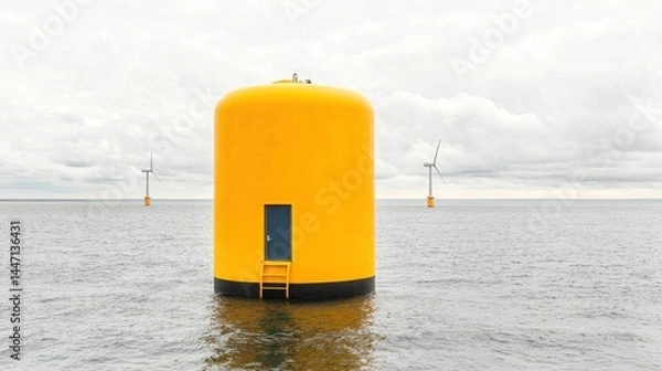 Fototapeta Renewable Energy Source Solar Panel Wind Turbine Concept. Bright Yellow Buoy and Wind Turbines on Calm Water Under Overcast Sky in Coastal Environment