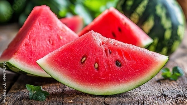 Fototapeta Fresh watermelon slices on a rustic wooden surface