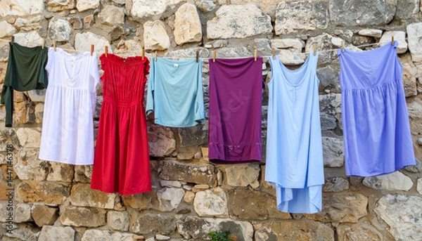 Fototapeta Colorful dresses hanging on clothesline against rustic stone wall create vibrant and cheerful scene. variety of styles and colors adds playful touch to outdoor setting