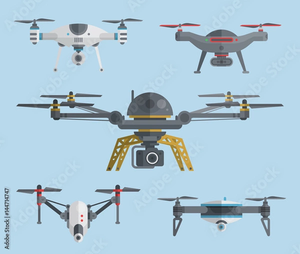 Fototapeta Flying drones collection. Vector illustration.