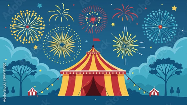 Obraz Design a vibrant modern poster for a summer carnival featuring a large circus tent, incorporating playful typography and bright colors.  Illustrate a festive atmosphere.