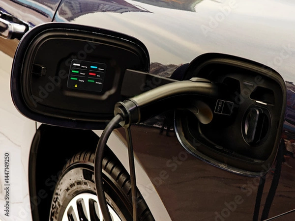 Fototapeta closeup view of EV car charing wth information displayed.