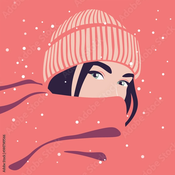 Fototapeta A face of a young woman wrapped in a large scarf on the background of a snowfall in a knitted hat. Christmas and New Year. Flat vector illustration
