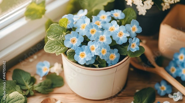 Fototapeta beautiful blooming spring flowers in a bucket on kitchen table near window during day light blue primose ai generated 