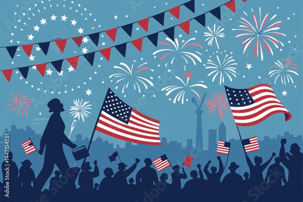 Obraz Design a vibrant vector illustration of a national holiday parade featuring flags, fir trees, and celebratory elements.  Focus on festive atmosphere and patriotic details.