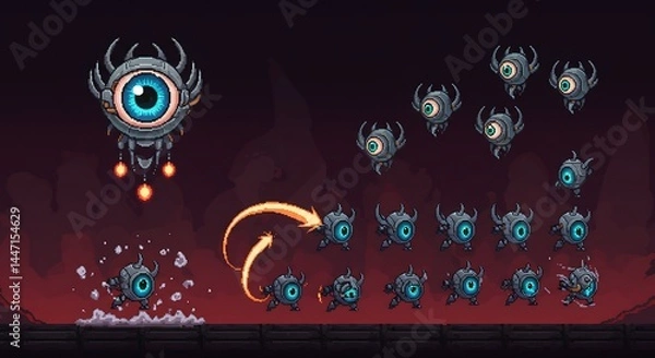 Fototapeta Pixel Art Animated Sprite Sheet of Eye-like Robots in Action
