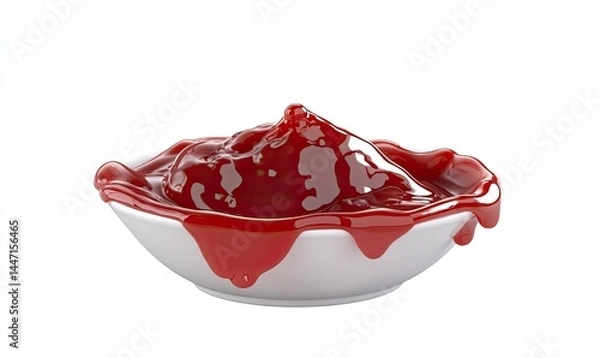 Fototapeta A Jim Beam-shaped ketchup sauce dripping from above into a bowl, isolated on a white background. Detailed photo, PNG format. 