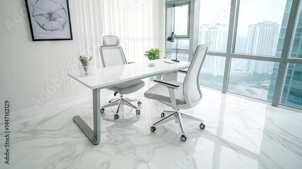 Fototapeta Sleek Office Minimalism: Sunlit Workspace with Design Aesthetics Design
