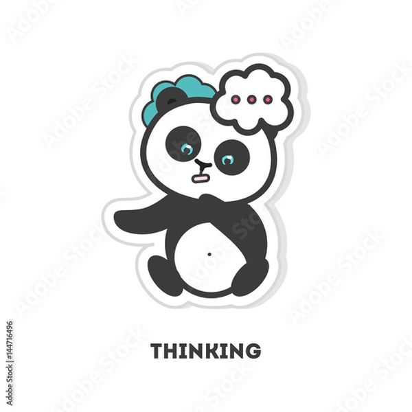 Obraz Thinking panda sticker. Isolated cartoon sticker. Funny panda with thoughts bubbles.
