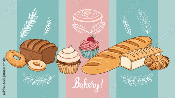 Fototapeta Design a vector banner showcasing a charming hand-drawn style illustration of various breads, suitable for a bakery advertisement. Include rustic textures and warm color palette.