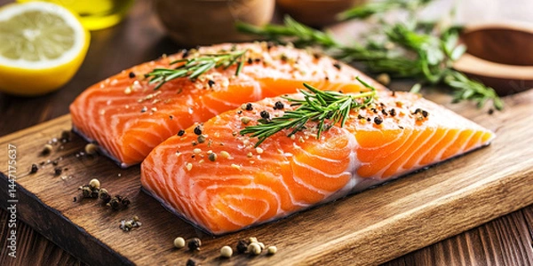 Obraz Fresh salmon fillet with aromatic herbs, spices and vegetables , healthy food, diet or cooking concept