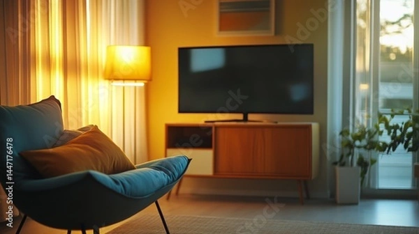 Obraz Relaxing home space with live news on TV, lit lamps, cozy chair with pillow, and soft sunlight from the side