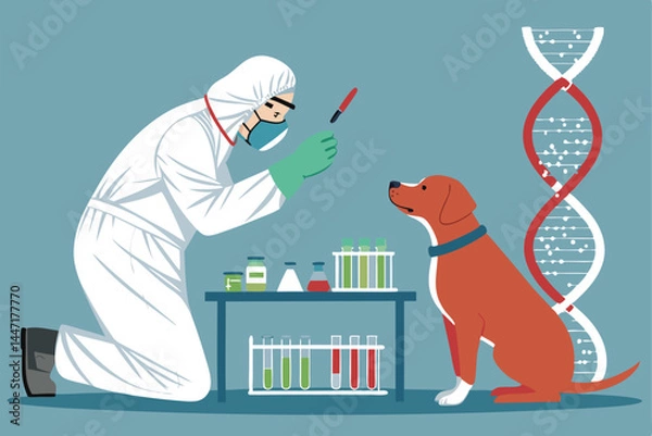 Obraz A detailed vector illustration of a veterinarian in full hazmat suit carefully examining a small pet, possibly a cat or dog, in a veterinary clinic setting.