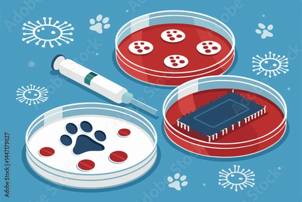 Obraz Detailed image of a veterinary research laboratory scene, focusing on petri dishes containing samples and microscopic analysis equipment.  Include a sense of scientific investigation.