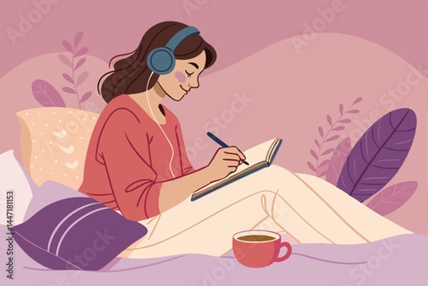 Obraz A young woman, relaxed in bed, listens to music through headphones while thoughtfully journaling in a notebook. Soft, warm lighting.