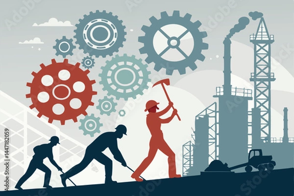 Fototapeta Create an abstract vector illustration depicting collaborative mining teamwork.  Bold, strong visuals emphasizing synergy and shared effort.