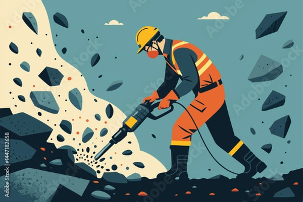 Fototapeta Create an abstract vector illustration of a mining worker powerfully wielding a jackhammer, emphasizing dynamism and industrial grit.