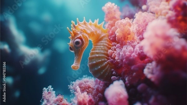 Fototapeta A close-up of a seahorse wrapped around a soft coral