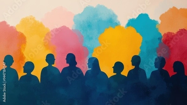 Fototapeta Silhouettes of People in Front of Colorful Abstract Backgrounds Representing Diversity and Unity in Society