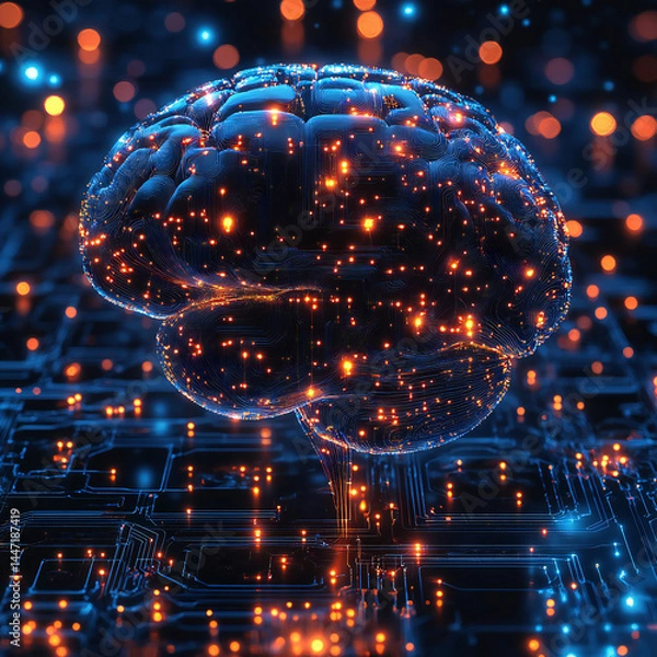 Fototapeta A high-tech neural interface, with glowing circuits connecting the human brain to virtual systems