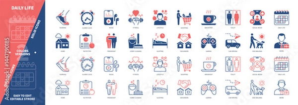 Obraz Daily Life icon set. Shopping, Home Cleaning, Social Media, Nutrition, Breakfast, Toilet, Sleeping, Work. Duotone color solid and editable outline icons