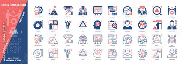 Obraz Crisis Management icon set. Identify, Implementation, Awareness, Recovery, Feedback, Strategy, Success, Assessment. Duotone color solid and editable outline icons