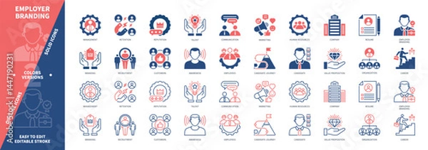 Obraz Employer Branding icon set. Candidate Journey, Career, Resume, Communication, Retention, Recruitment, Human Resources, Value Proposition. Duotone color solid and editable outline icons