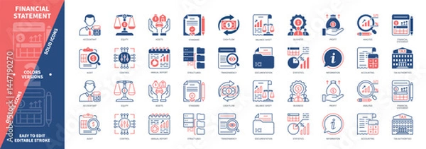 Obraz Financial Statement icon set. Accounting, Equity, Transparency, Audit, Tax Authorities, Annual Report, Customers, Documentation. Duotone color solid and editable outline icons