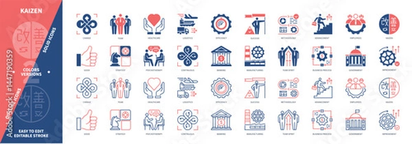 Fototapeta Kaizen icon set. Improvement, Strategy, Change Good, Business Process, Efficiency, Team Spirit, Continuous, Success. Duotone color solid and editable outline icons